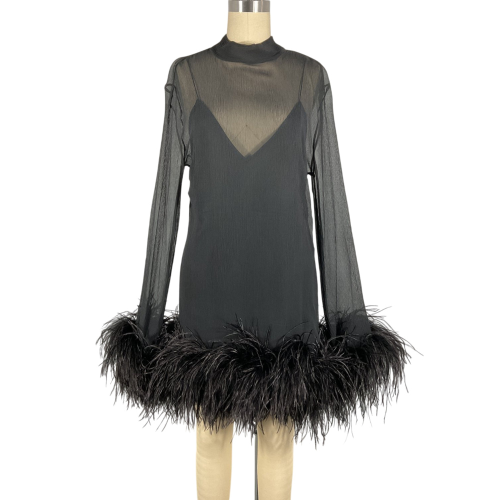 Taller Marmo Feather Trimmed Black Spirito Mini Dress Size IT 42 - Picture 2 of 7